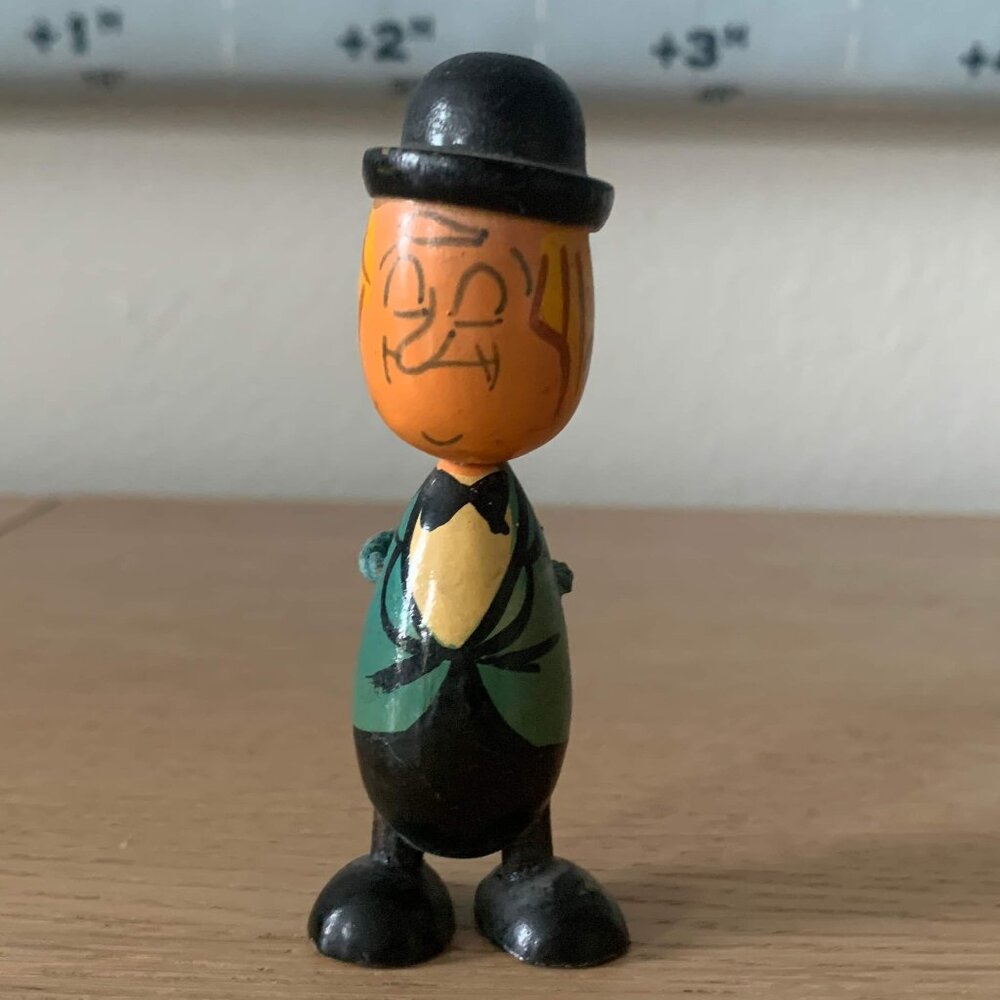 Vintage Wooden Figurine Hand Painted Bowler Derby Hat Tux Costello BowTie Waiter